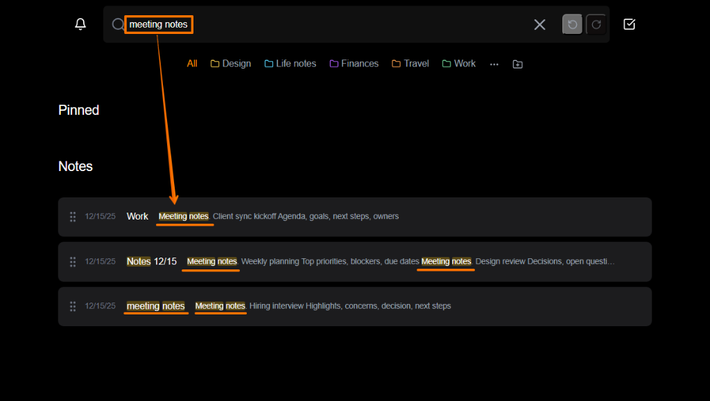 Search results for meeting notes with highlighted matches