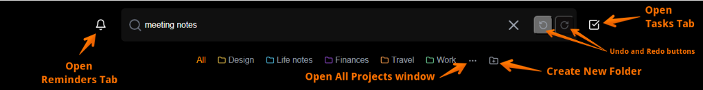 Top bar controls for reminders, tasks, undo, redo, projects, and new folder